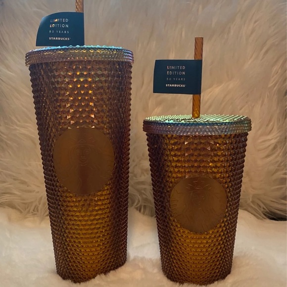 NWT Starbucks 50th Anniversary Venti & Grande Set Honeycomb Gold Studded Tumbler